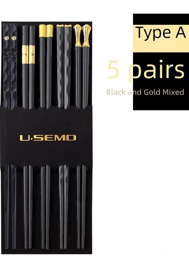 Mufunye Aile İçin Yenilikçi Japon Stili Dayanıklı Alyuminyum Çubuk Çatal, Tek Kişilik Hijyenik Kullanim, Yüksek Sıcaklığa Dayanır - Siyah Altın Desenli 5'li Paket Diğer