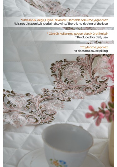 Evlen Home %100 Pamuk May Dantelli Yatak Örtüsü Çift Kişilik Elyaf Dolgulu Kapitone Pike Takımı Güpürlü Beyaz