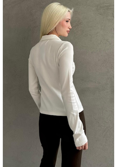 Beyaz Polo Yaka Çift Fermuarlı Slim Fit Kadın Body Mg2652 Beyaz