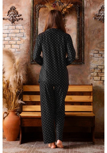 Nisanca Kışlık Düğmeli Ekose Desen Yılbaşı Temalı Kadın Süet Pijama Takımı Siyah