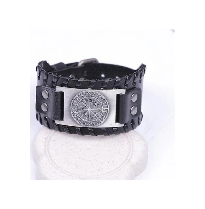 Skyrim Vintage Viking Pusula, Adam İçin Hakiki Deri Bileklik, Nordic Runes, Geniş Siyah Gümüş Altın - Bej