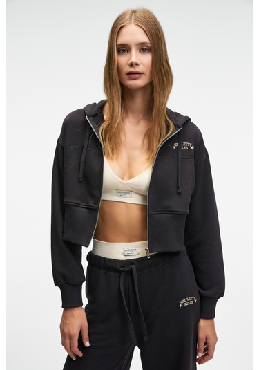 Grımelange Elara Kadın Metal Fermuarlı Nakışlı Kapüşonlu Crop Antrasit Sweatshirt Antrasit