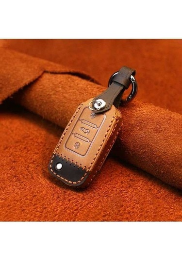 Tongxida Volkswagen Anahtar Koruyucu Kapak, Kahverengi 2 Adet Sığır Derisi Deri, D Versiyonu Uyumlu