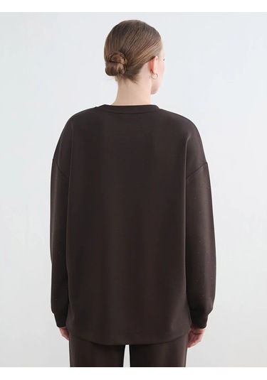Lc Waikiki Kahverengi Taşlı Soft Touch Oversize Kadın Sweatshirt