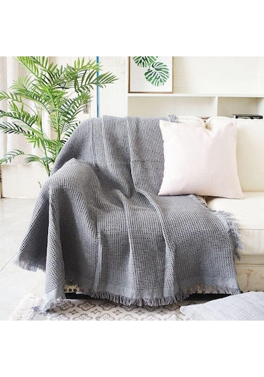 Gri Kanepe Örme Kapak Battaniye Püsküllü Goblen Yatak Masa Seyahat Dekor Battaniye Ev Otel Pamuk Yatak Ofis 90x240cm