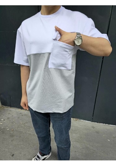 Unisex Torba Cep Detaylı Parçalı T-shirt - Gri Gri