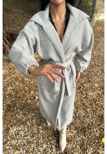 Gri Cepli, Balon Kol, Kemerli, Kalın Örgü Triko, Uzun Kaban Gri