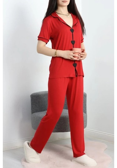 Seka Kalp Nakışlı Biyeli Viskon Pijama Takım Kırmızı - 40564.1857. Çok Renkli