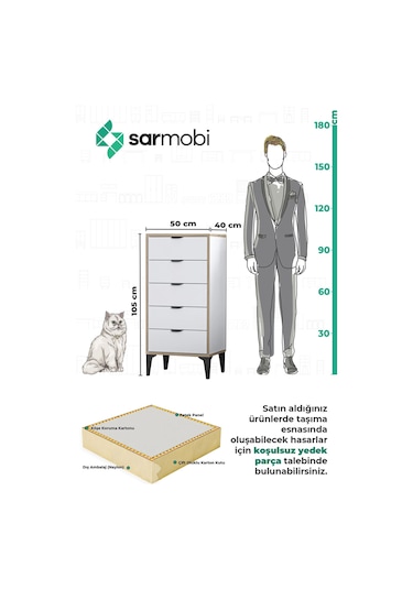 Sarmobi Arden 5 Çekmeceli Şifonyer , Çamaşırlık Beyaz