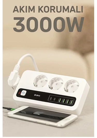Vtn-p10 3x Priz 3000w Akım Korumalı 4x Usb 2x Type-c Girişli Çoklu Priz 2 M
