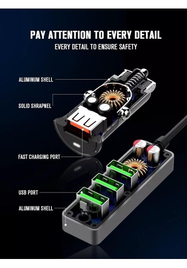 Ldnıo 4 Portlu Fast Qc3.0+2.4a+3.1a Usb Araç Şarj Cihazı Mpv Araç Telefonu İçin 120cm Uzatma Kablosu İle Evrensel Usb Hızlı Adaptör -