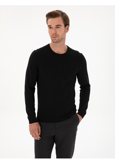 Cacharel Siyah Slim Fit Yün Karışımlı Bisiklet Yaka Basic Triko Kazak