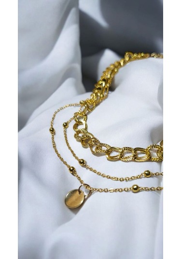 Altın Renk Üç Katlı Zincir Kolye Kalın Choker & İnce Zincir & M Gold