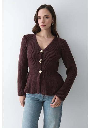 Bordo 3 Düğmeli Pileli Hırka - 251065 Bordo