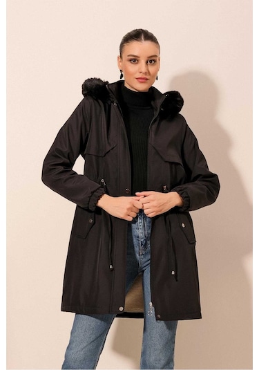 Gabria Kapüşonlu Kaban Siyah