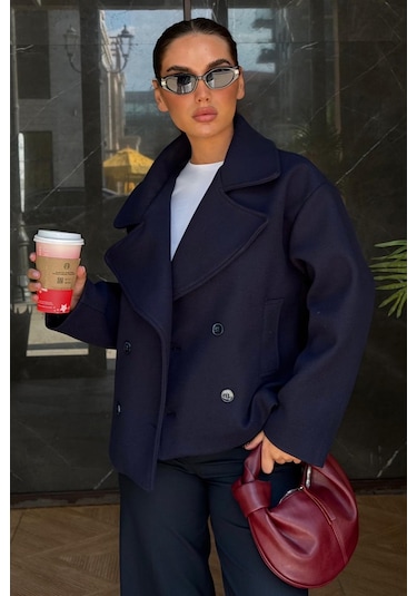 Lacivert Kısa Kaşe Kadın Kaban Mg2544 Lacivert