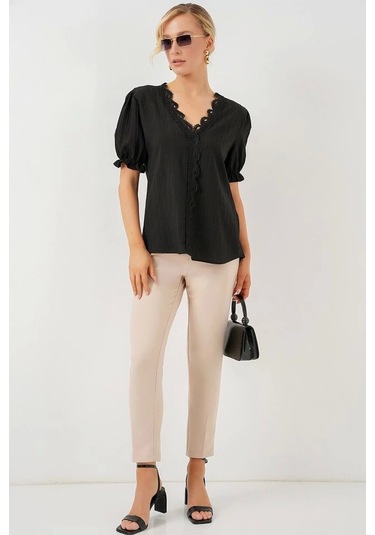 V Yaka Dantelli Bluz 956 - Siyah Si Yah