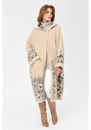 Kadın Triko Kırçiçeği Desenli Afrodit Panço Bej Bej