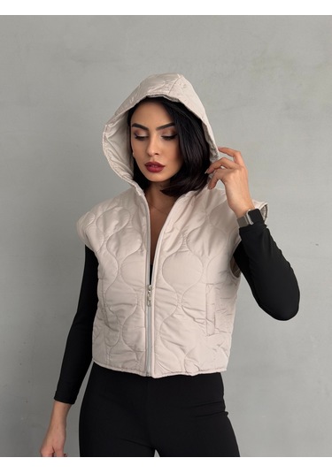 Kadın Cepli Kapitone Kapüşonlu Crop Yelek Krem