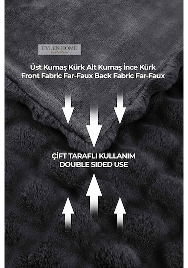 Evlen Home Kürk Yatak Örtüsü Çift Kişilik Dolgulu Peluş Yumuşak Çift Taraflı Yorgan 3 Parça Loria Antrasit Füme Antrasit