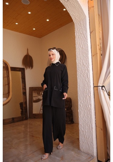 Kadın Tesettür Eşofman & Takımı, Alt Üst Uzun Takım Düğmeli Gömlek Pantolon 504 Siyah