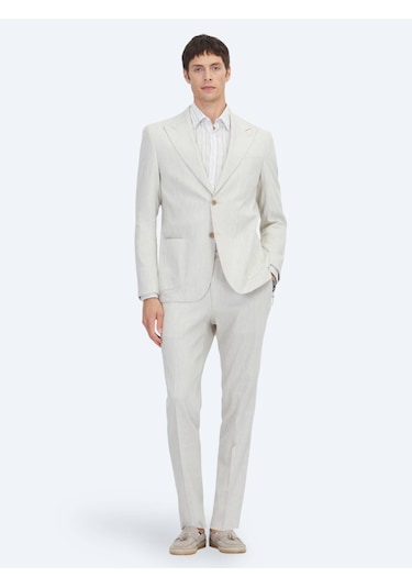 Kip Bej Desenli Modern Fit Keten Karışımlı Takım Elbise