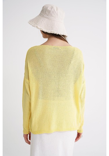 6933 Kadın Kayık Yaka İnce Mevsimlik Triko Kazak Sarı Sarı