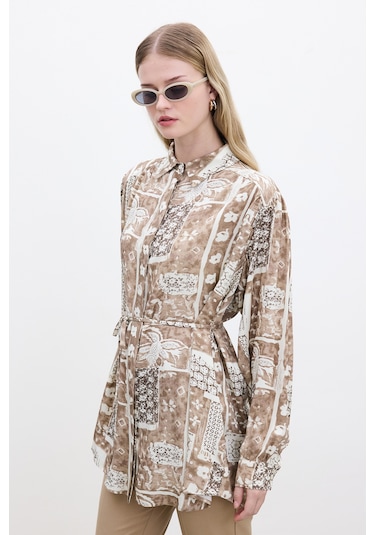 Kuşaklı Retro Tarz Gömlek Ilona Çok Renkli