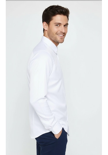 Yxc Trend Maker Slim Fit Uzun Kollu Kolay Ütü Teri Emen Nefes Alan Doku Kravatlık Dört Mevsim Erkek Gömlek Beyaz