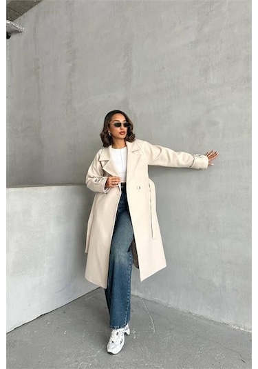 Dip Moda Kadın Astarlı Bej İthal Kaşe Kaban Dpnbg048 Bej