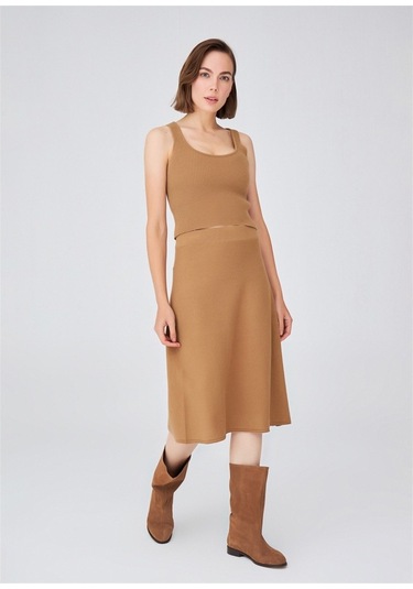 Peraluna Kloş Kesim Kaşmir Karışım Diz Altı Triko Etek Camel Camel