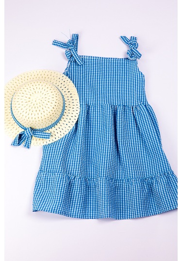Kız Çocuk Şapkalı Elbise Kareli Fiyonklu B33 Mavi