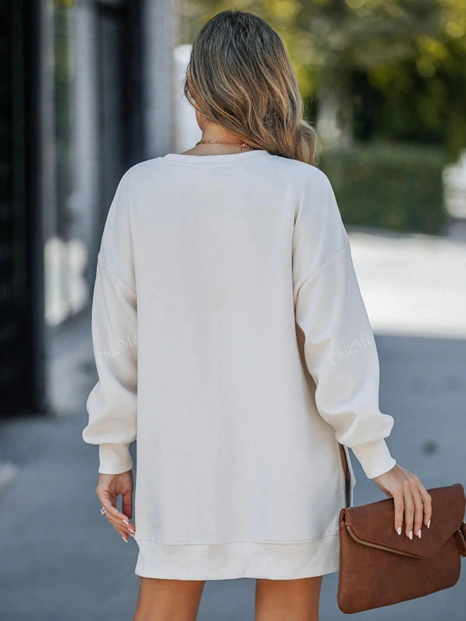 Kadın Oversize Sweatshirt Yan Fermuar Detaylı Uzun Kollu Ekru Tunik Ekru