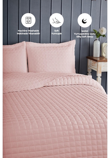 Evlen Home Joy Pamuklu Yatak Örtüsü Seti Çift Kişilik 3 Parça Elyaf Dolgulu Yumuşak Günlük Yıkanabilir Pudra