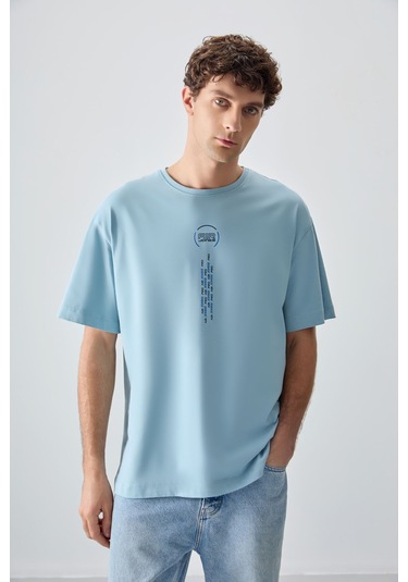 Tommy Life Açık Mavi %100 Pamuk Kalın Yumuşak Dokulu Oversize Fit Baskılı Erkek T-shirt - 88355 Açik Mavi