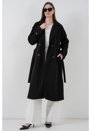 Kadın Kuşaklı Kaşe Kaban 9161 - Siyah Siyah