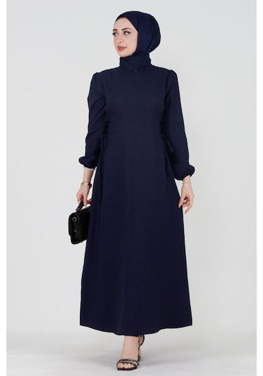 Yanı Bağcıklı Keten Elbise-lacivert-4077-lacivert Lacivert
