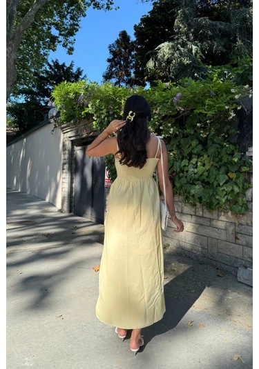Uzun Pamuklu Yaz Elbisesi Askısı Bağlamalı Astarsız 4301 Sarı