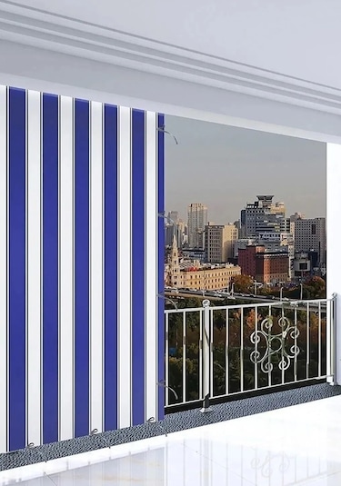 Gencer Home Balkon Perdesi Bağcıklı Ölçü Seçenekli Mavi Beyaz Mavi - Beyaz