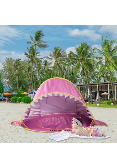 Tenfowee Mavi Köpekbalığı Desenli Çocuk Plaj Çadırı - Otomatik Açılışlı, Güneşten Koruyucu, Çift Kişilik Aile Ve Çocuklar İçin Sahne Ve Oyun Odası Mavi