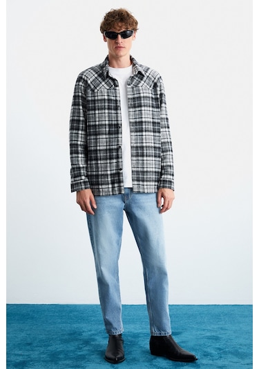 Allenı Erkek Pamuk Gömlek Yaka Relaxed Oduncu Siyah Gömlek