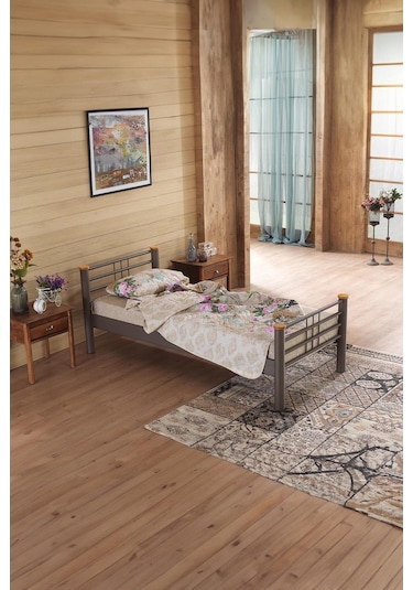 Kappis Tek Kişilik Ferforje Metal Karyola-kahverengi Ahşap Latalı