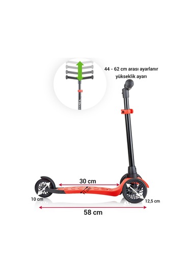 Wellgro Turbo 3 Tekerli Yükseklik Ayarlı Scooter, Kırmızı Kırmızı