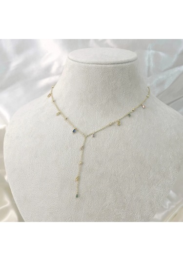 Renkli Taşlı Y Kolye Gold Gold