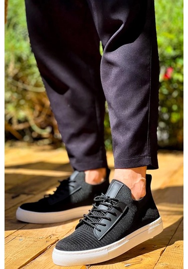 Siyah Triko Yüksek Taban Bağcıklı Günlük Erkek Ayakkabısı Siyah1 Siyah