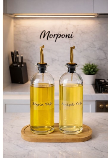 Morponi Bambu Stantlı Akıtmaz Gold Başlıklı 2'li Yağdanlık Seti 500 Ml Thn Şeffaf