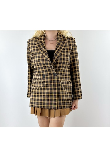Modaonna Ekose Desen Rahat Kalıp Blazer Ceket Kahverengi