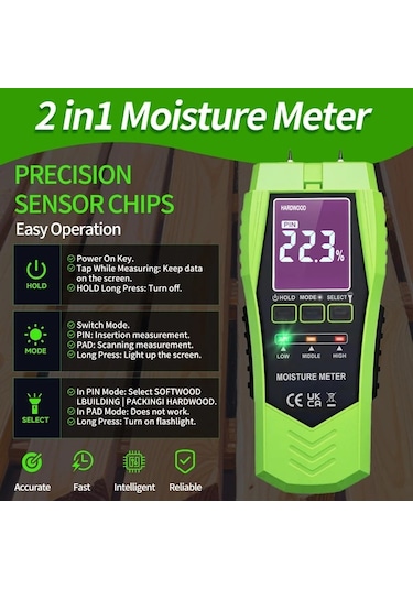 Topshop1 Yeşil Yeni 2si 1 Arada Pinli Ve Pinsiz Nem Ölçer Su Kaçağı Dedektörü Kütük Alçıpan Küf Tespit Cihazı