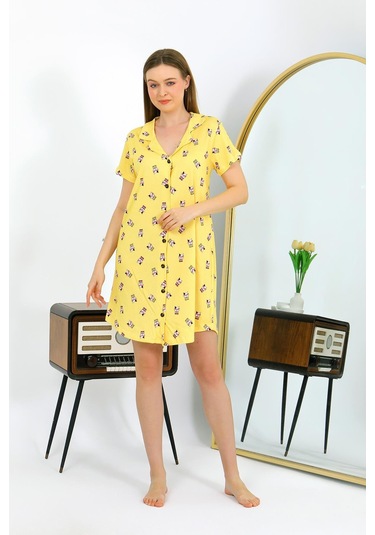 Akbeniz Kadın Pamuk Penye Kısa Kol Düğmeli Sarı Tunik Gecelik 13112 Sarı