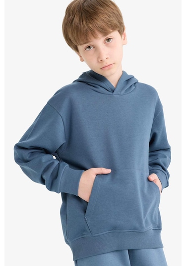 Defacto Erkek Çocuk Basic Düz Kapüşonlu Sweatshirt E9558a825auın257 Indigo